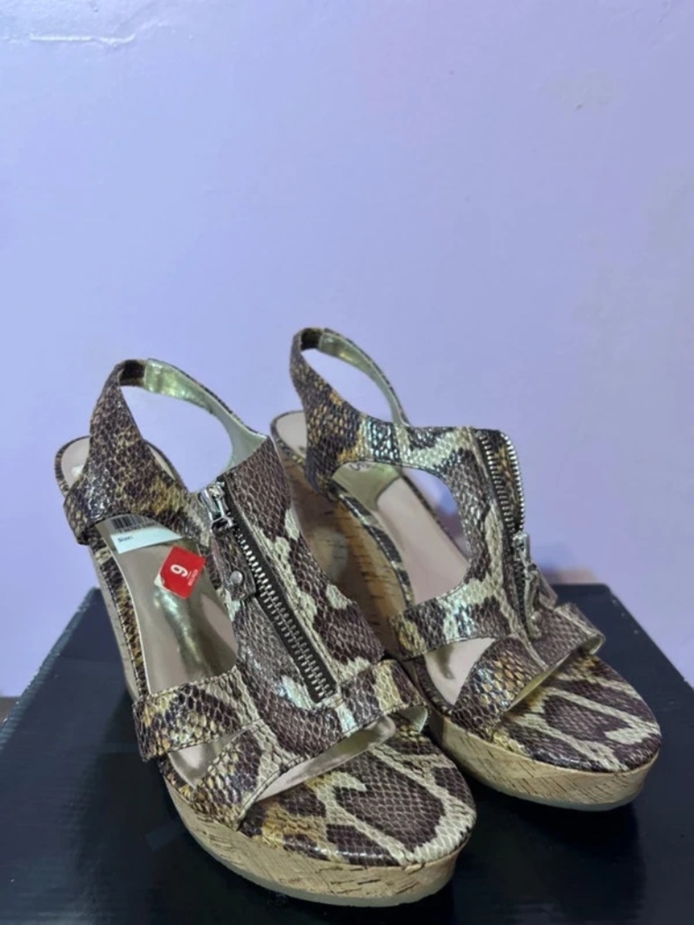 Carlos Santana Pursuit Brown Multi Shade Snake Print Cork Wedge Sandals Sz 9M